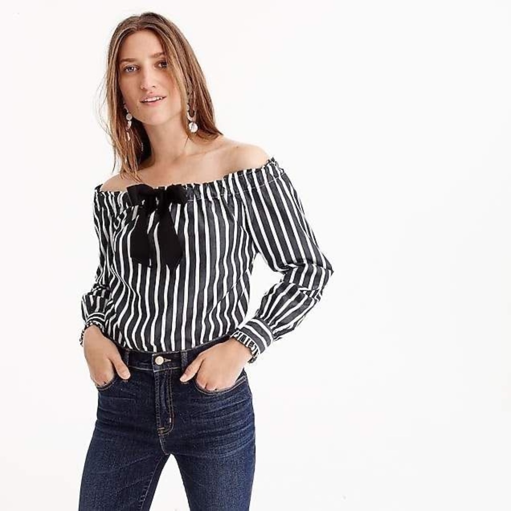 NWT J. Crew Black & White Stripe Bow Off The Shoulder Top